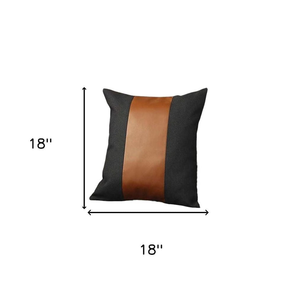 Set of Four 18" Brown And Black Faux Leather And Fabric Throw Pillow Covers