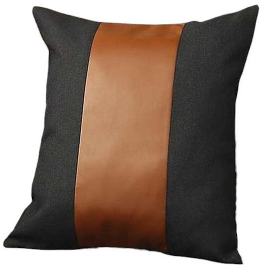 Set of Four 18" Brown And Black Faux Leather And Fabric Throw Pillow Covers