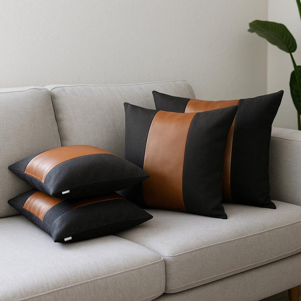 Set of Four 18" Brown And Black Faux Leather And Fabric Throw Pillow Covers