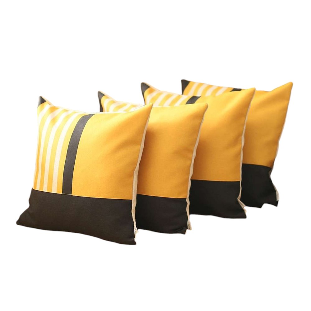 Set Of 4 Yellow And Black Printed Pillow Covers