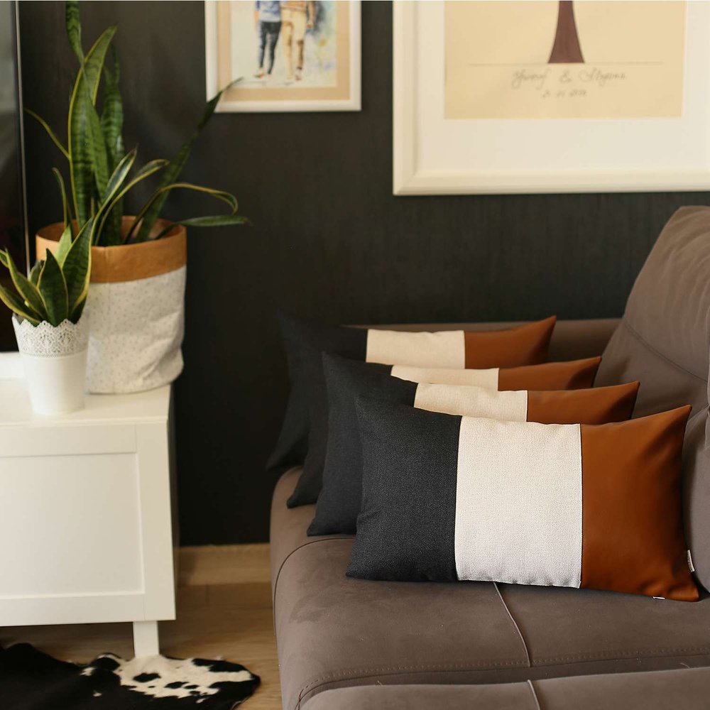 Set of Four 20" Gray Black And Brown Lumbar Faux Leather And Fabric Throw Pillow Covers