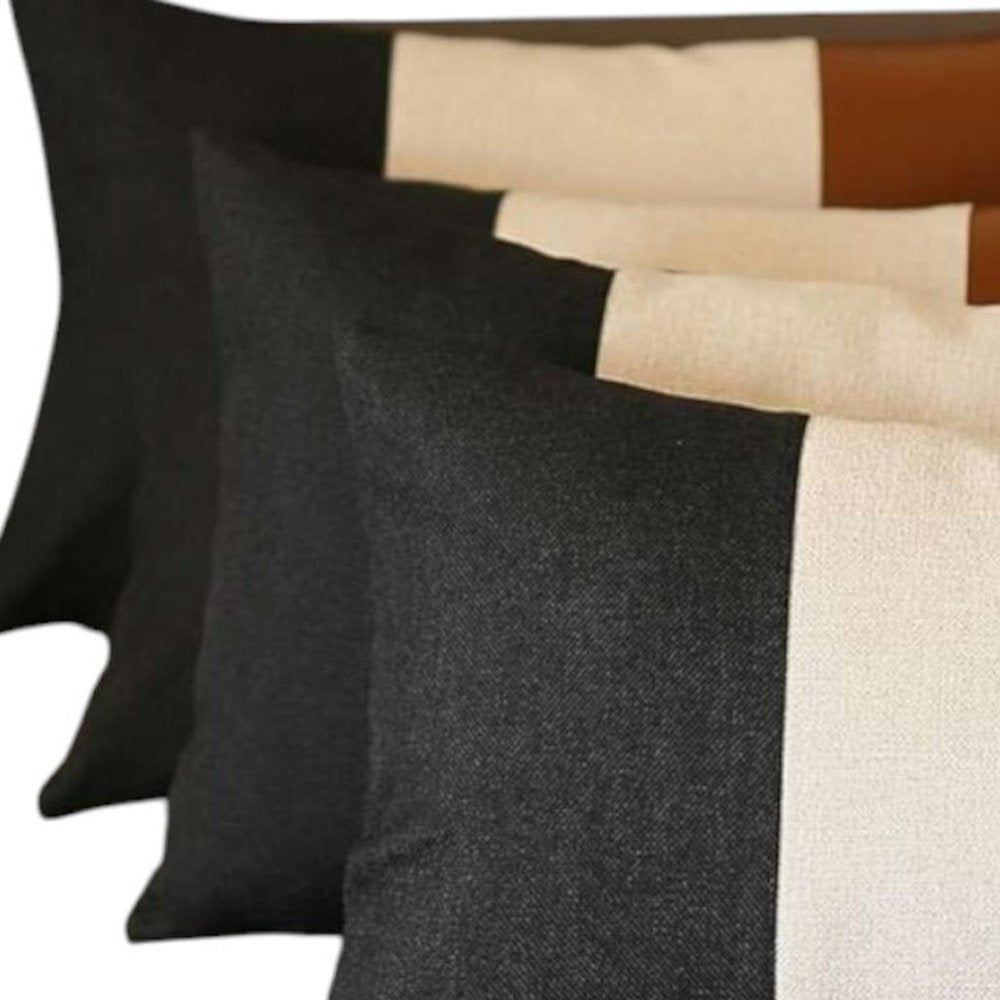 Set of Four 20" Gray Black And Brown Lumbar Faux Leather And Fabric Throw Pillow Covers