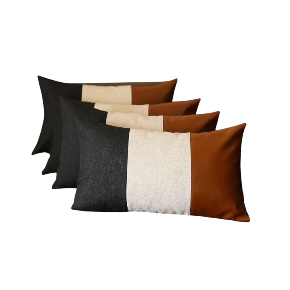 Set of Four 20" Gray Black And Brown Lumbar Faux Leather And Fabric Throw Pillow Covers