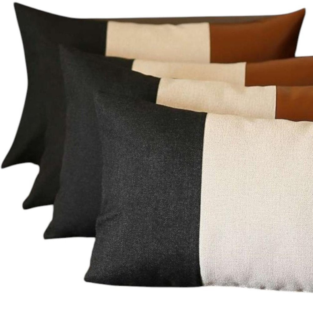 Set of Four 20" Gray Black And Brown Lumbar Faux Leather And Fabric Throw Pillow Covers