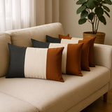 Set of Four 20" Gray Black And Brown Lumbar Faux Leather And Fabric Throw Pillow Covers