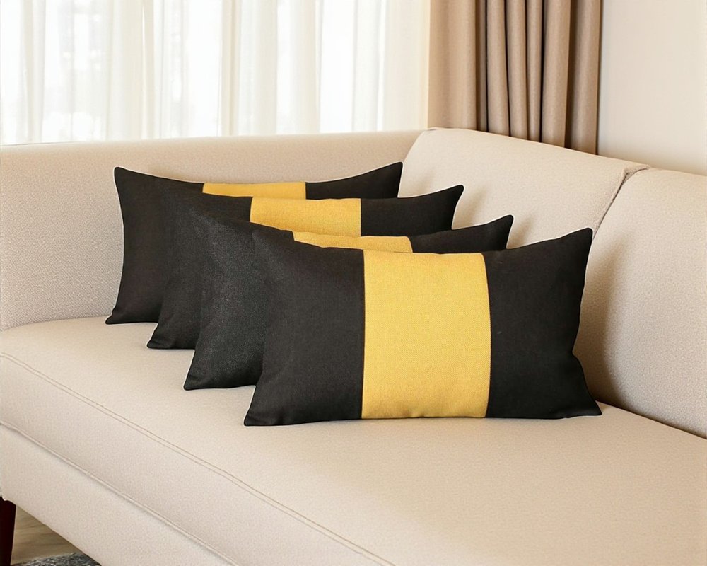 Set Of 4 Black And Yellow Lumbar Pillow Covers