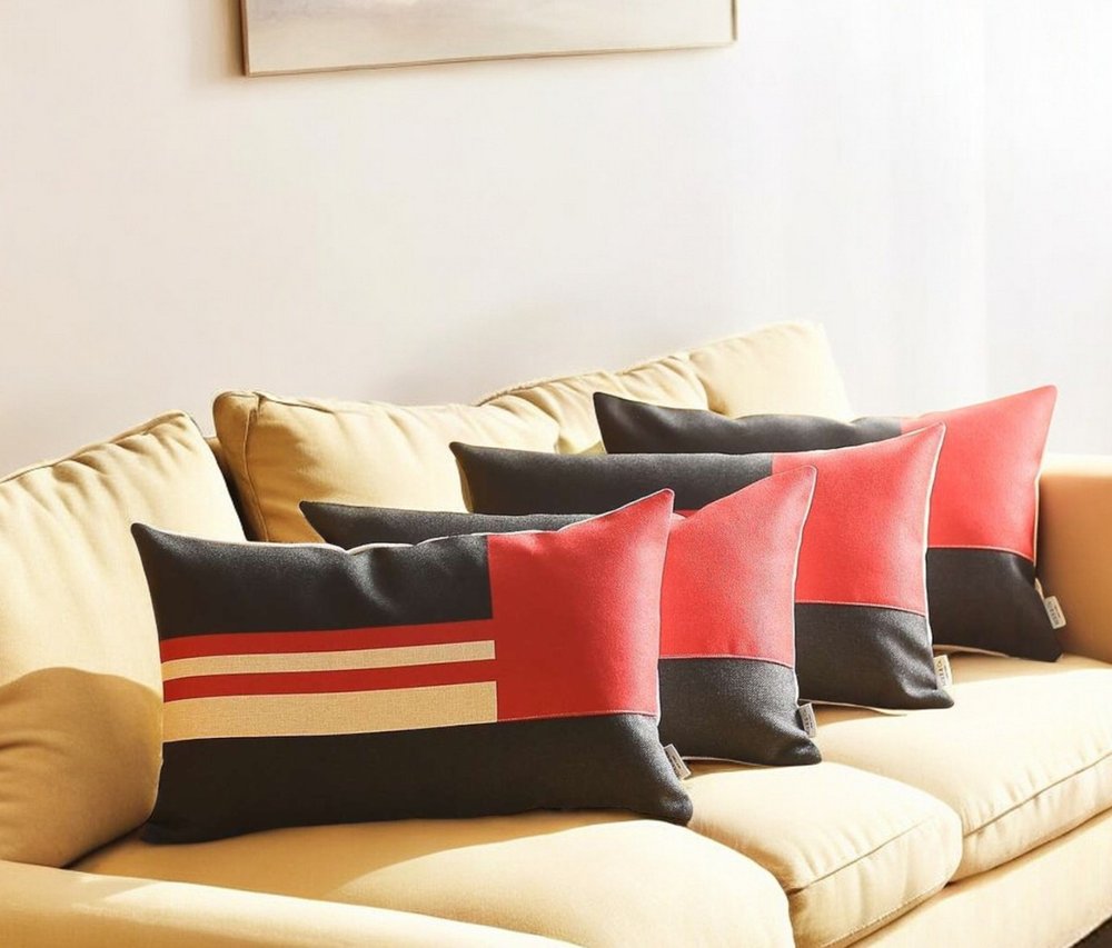 Set Of 4 Red And Black Lumbar Pillow Covers