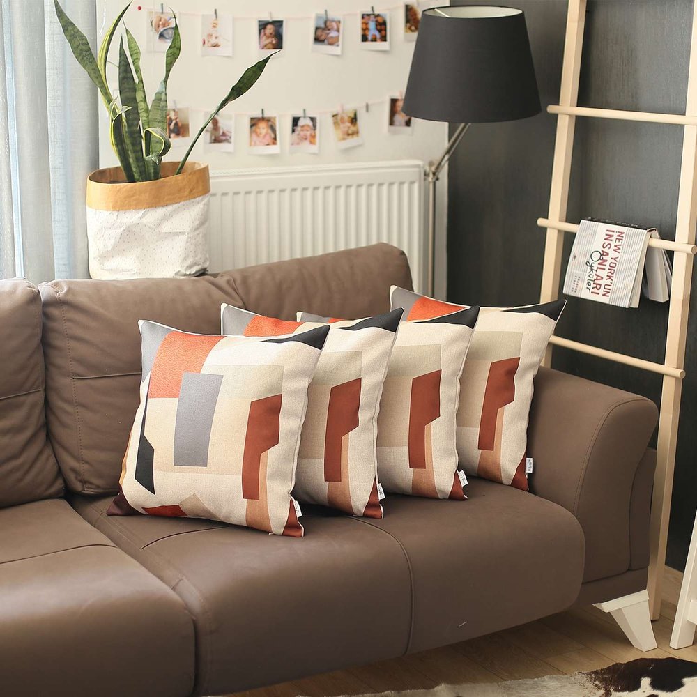 Set of Four 18" Ivory Gray And Orange Abstract Fabric Throw Pillow Covers