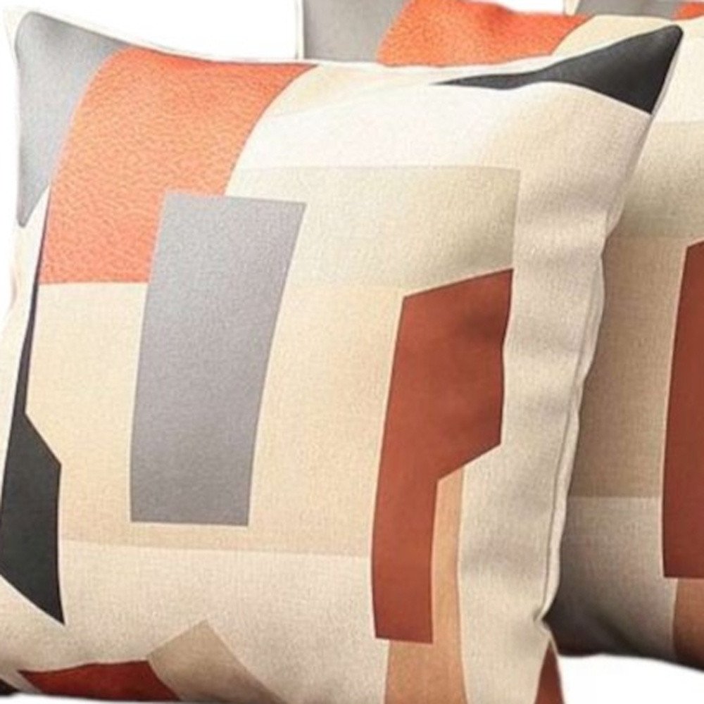 Set of Four 18" Ivory Gray And Orange Abstract Fabric Throw Pillow Covers