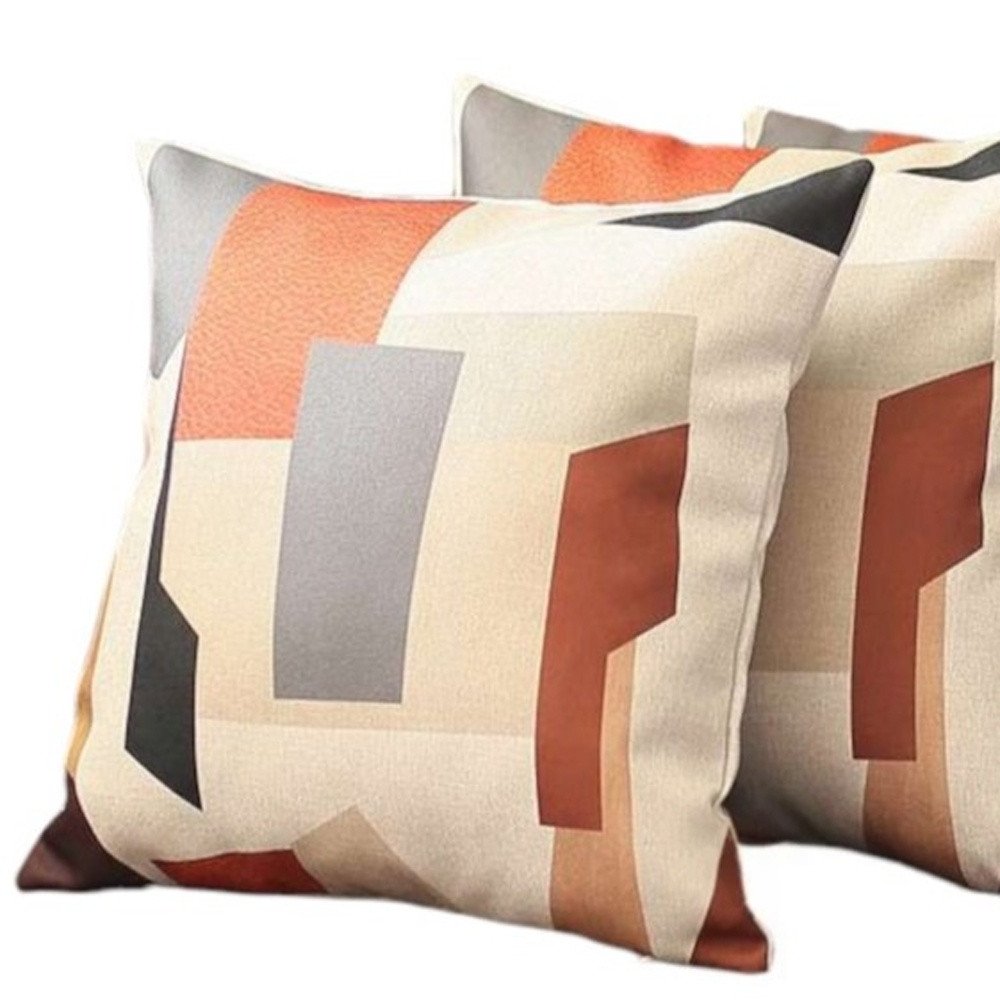Set of Four 18" Ivory Gray And Orange Abstract Fabric Throw Pillow Covers