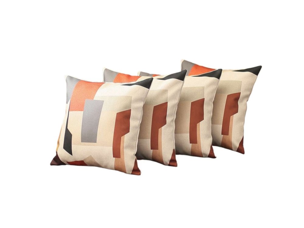 Set of Four 18" Ivory Gray And Orange Abstract Fabric Throw Pillow Covers