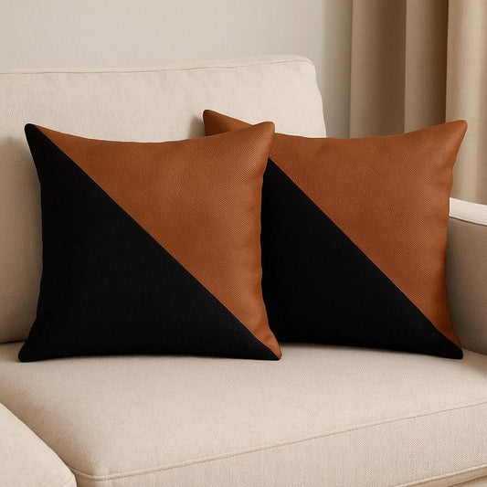 Set of Two 18" Black And Brown Faux Leather And Fabric Throw Pillow Covers