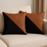 Set of Two 18" Black And Brown Faux Leather And Fabric Throw Pillow Covers