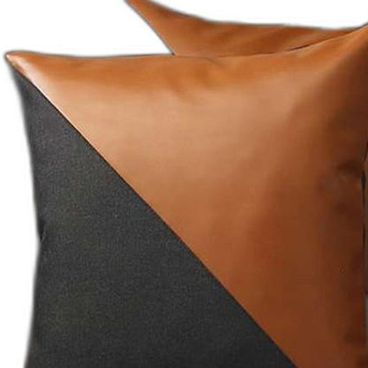 Set of Two 18" Black And Brown Faux Leather And Fabric Throw Pillow Covers