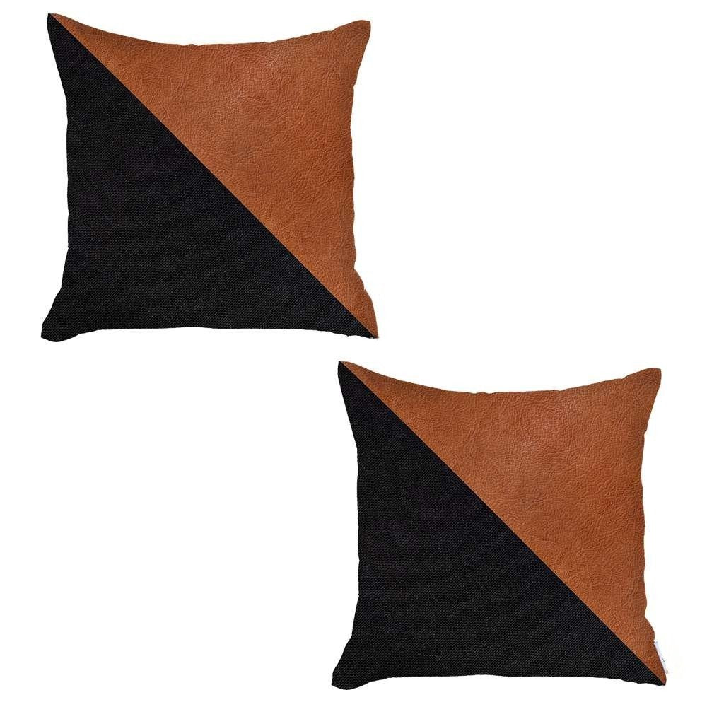 Set of Two 18" Black And Brown Faux Leather And Fabric Throw Pillow Covers
