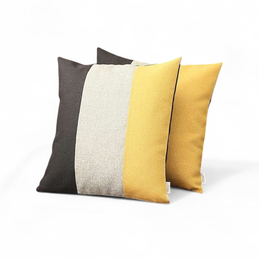 Set of Two 18" Gray Black And Yellow Fabric Throw Pillow Covers