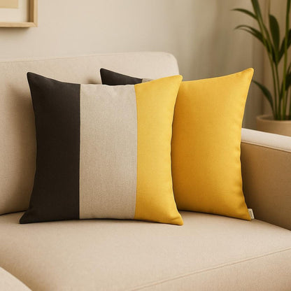 Set of Two 18" Gray Black And Yellow Fabric Throw Pillow Covers