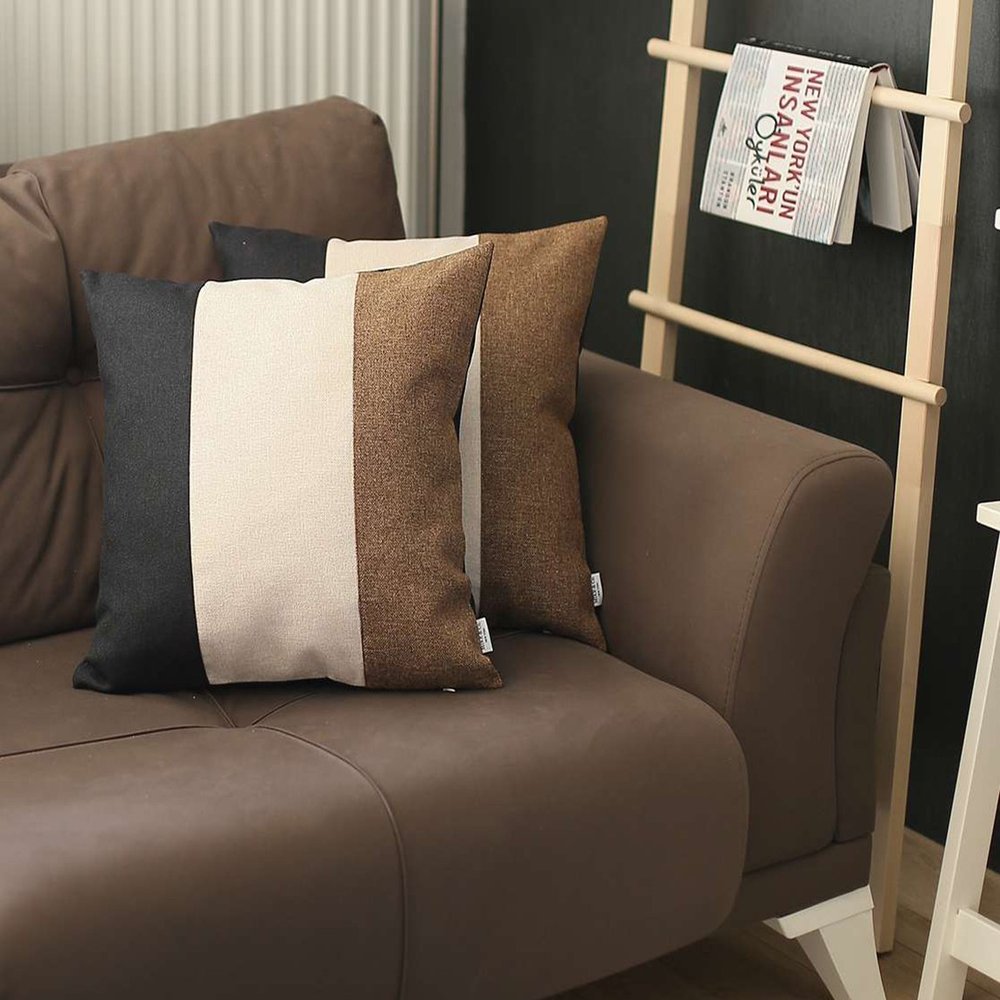 Set of Two 18" Black Ivory And Brown Fabric Throw Pillow Covers