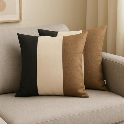 Set of Two 18" Black Ivory And Brown Fabric Throw Pillow Covers