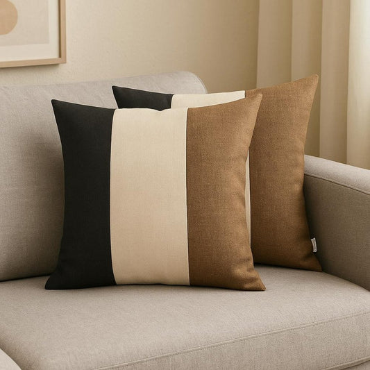 Set of Two 18" Black Ivory And Brown Fabric Throw Pillow Covers