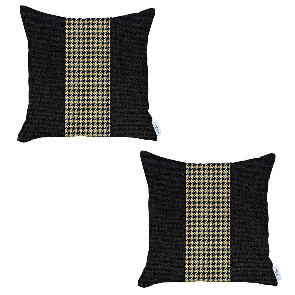 Set of Two 18" Black White and Yellow Houndstooth Fabric Throw Pillow Covers