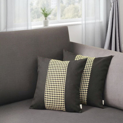 Set of Two 18" Black White and Yellow Houndstooth Fabric Throw Pillow Covers