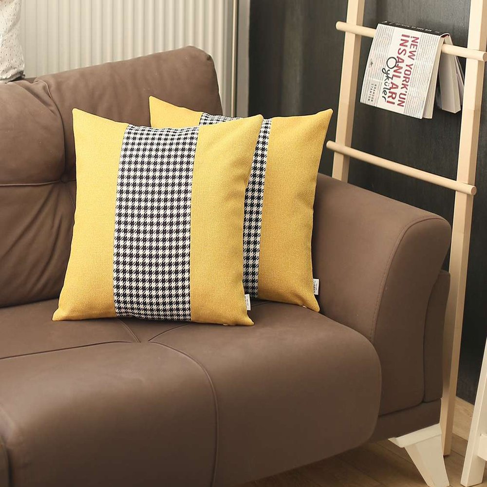 Set of Two 18" Yellow Black and White Houndstooth Fabric Throw Pillow Covers