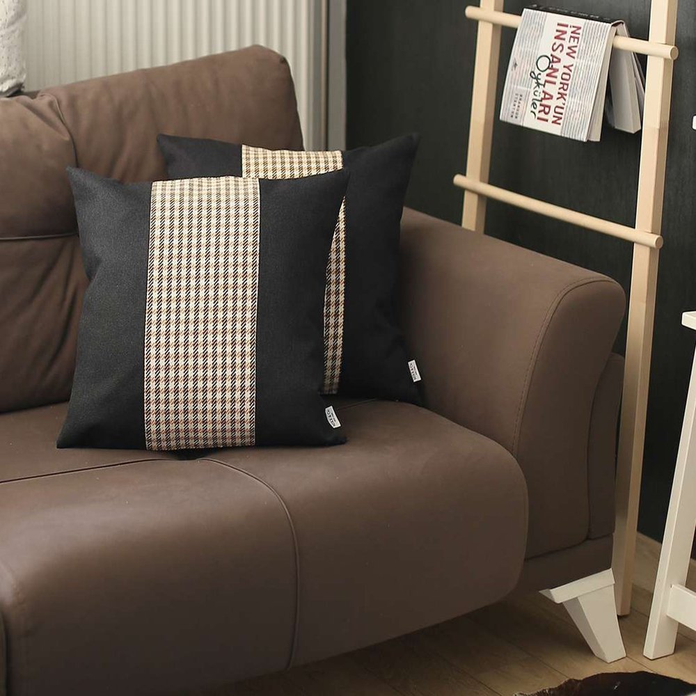 Set of Two 18" Black Brown and White Houndstooth Fabric Throw Pillow Covers