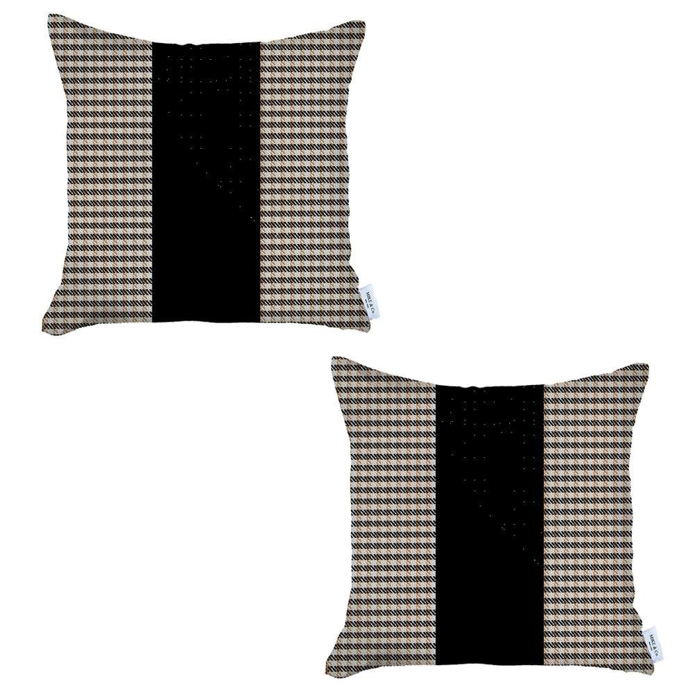 Set of Two 18" Black Brown and White Houndstooth Fabric Throw Pillow Covers