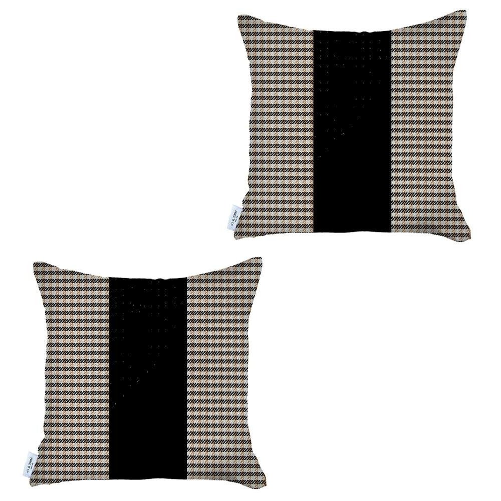 Set of Two 18" Black Brown and White Houndstooth Fabric Throw Pillow Covers