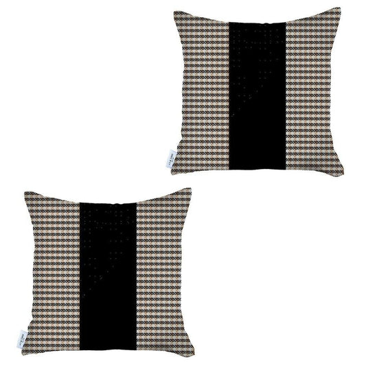 Set of Two 18" Black Brown and White Houndstooth Fabric Throw Pillow Covers