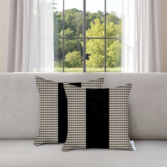Set of Two 18" Black Brown and White Houndstooth Fabric Throw Pillow Covers