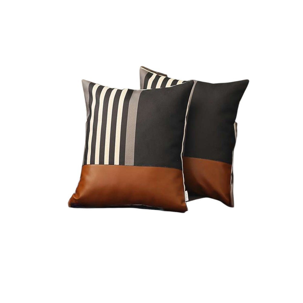 Set Of Two 18 X 18 Black And Tan Polyester Throw Pillow Cover