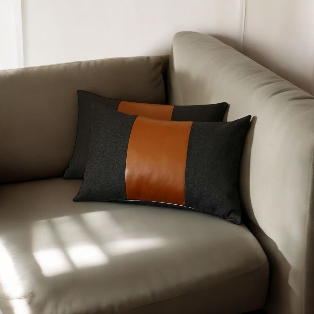 Set Of 2 Black Faux Leather Lumbar Pillow Covers