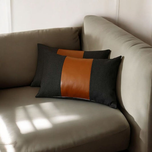 Set Of 2 Black Faux Leather Lumbar Pillow Covers