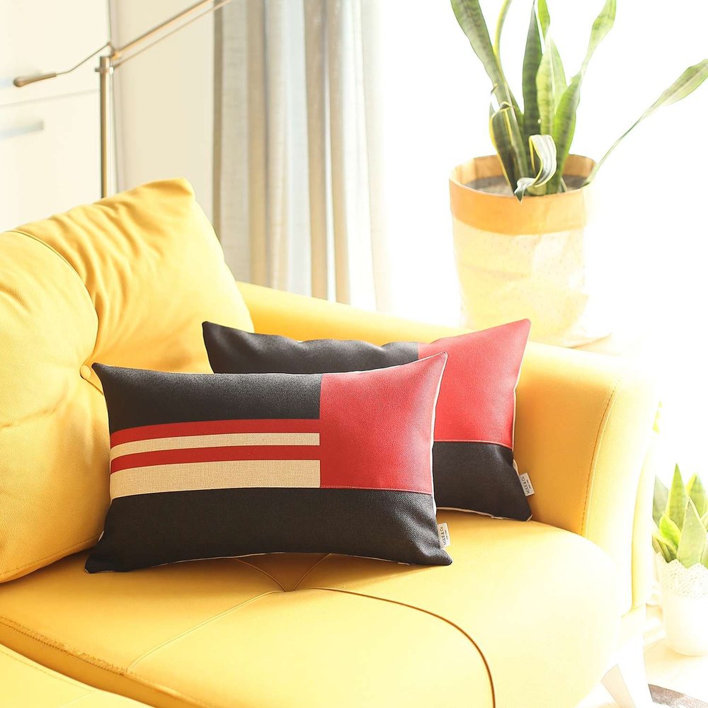 Set Of 2 Red Geometric Lumbar Pillow Covers