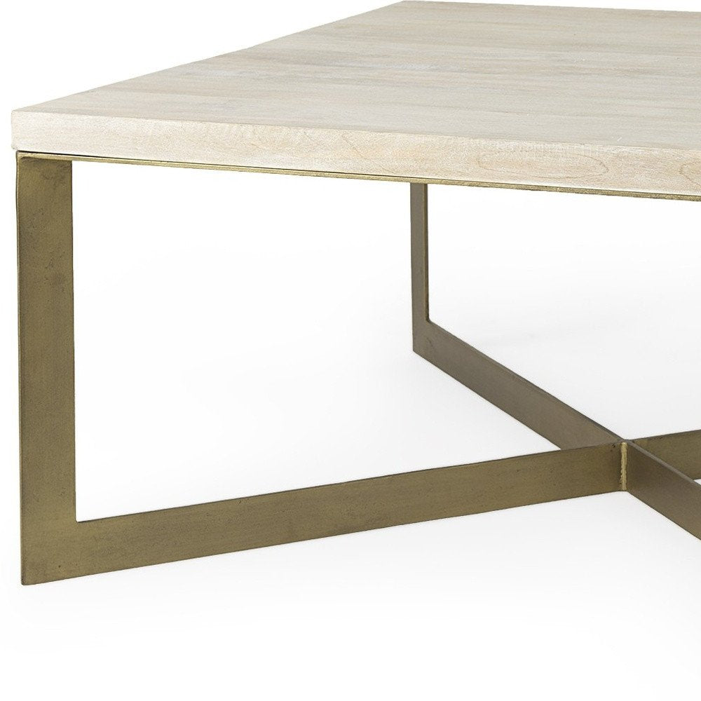 34" Beige Wood and Metal Square Coffee Table