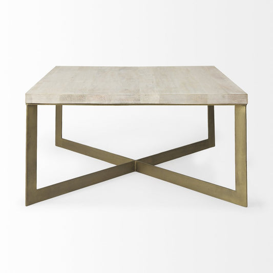 34" Beige Wood and Metal Square Coffee Table