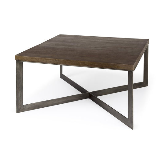 34" Brown Solid Wood and Metal Square Coffee Table