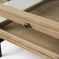 42" Clear and Black Glass and Metal Square Coffee Table With Two Drawers And Shelf