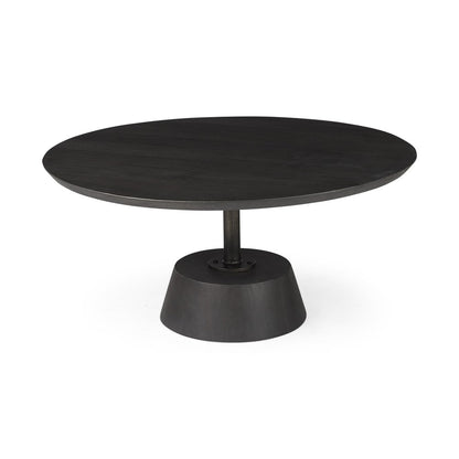 32" Dark Brown and Black Solid Wood and Iron Round Pedestal Coffee Table