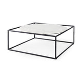 36" White and Black Genuine Marble and Metal Square Frame Coffee Table