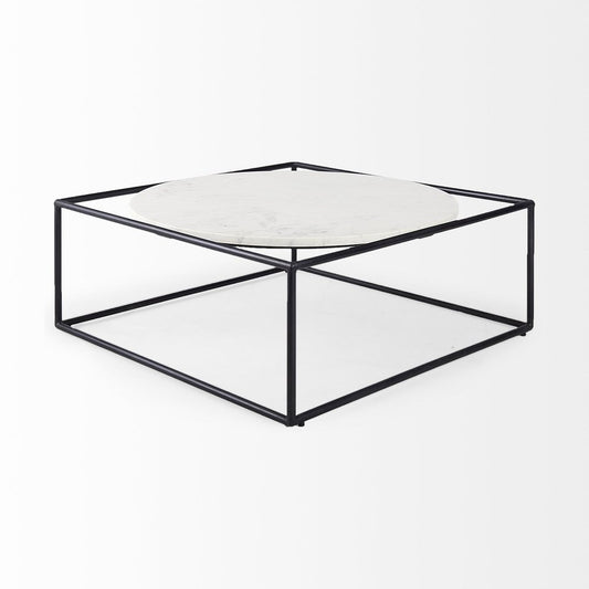 36" White and Black Genuine Marble and Metal Square Frame Coffee Table
