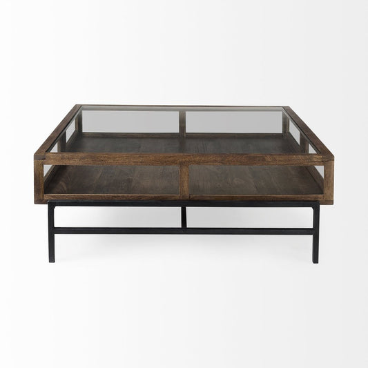 42" Dark Brown Glass and Metal Square Coffee Table With Shelf