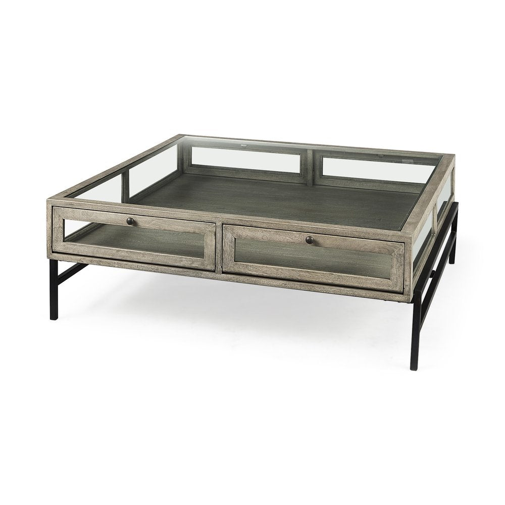 42" Gray and Black Glass and Metal Square Coffee Table With Shelf