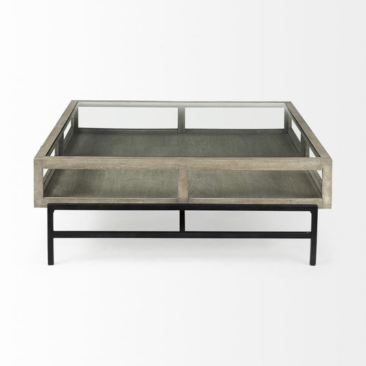 42" Gray and Black Glass and Metal Square Coffee Table With Shelf