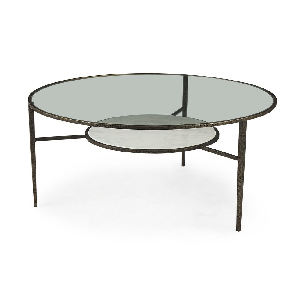 36" Clear and Bronze Glass and Metal Round Coffee Table With Shelf