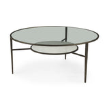 36" Clear and Bronze Glass and Metal Round Coffee Table With Shelf