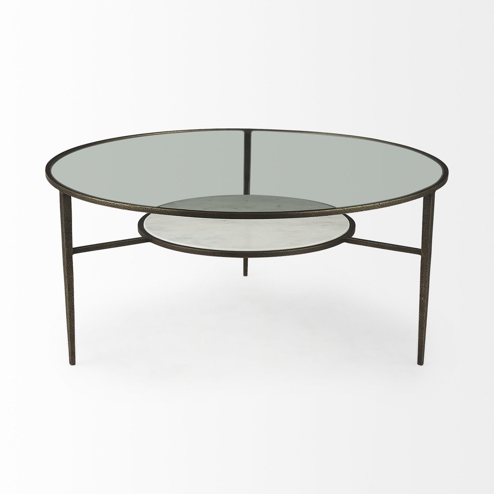36" Clear and Bronze Glass and Metal Round Coffee Table With Shelf