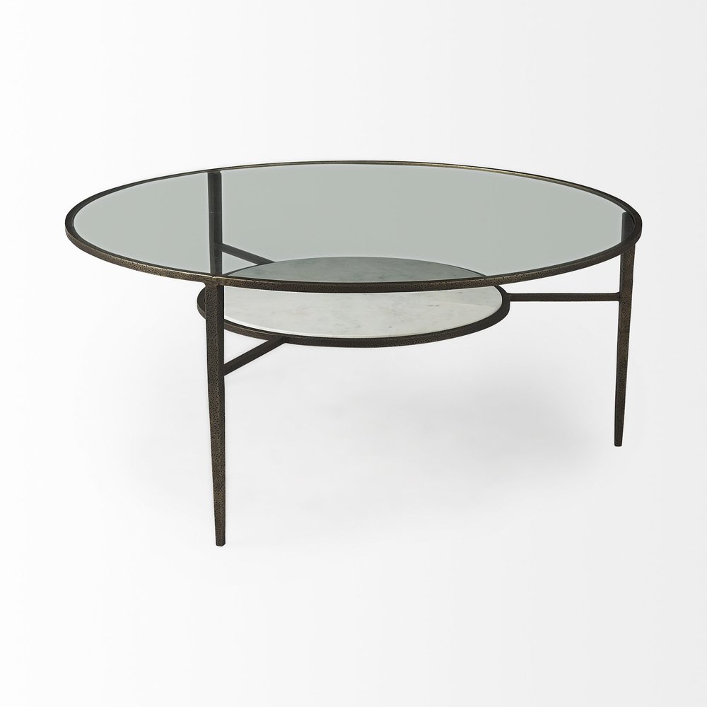 36" Clear and Bronze Glass and Metal Round Coffee Table With Shelf